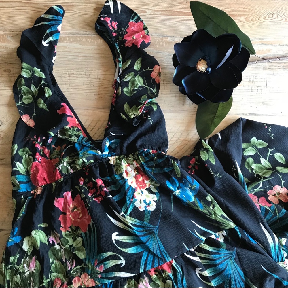 Floral Plunging Ruffle V-Neck Maxi Dress